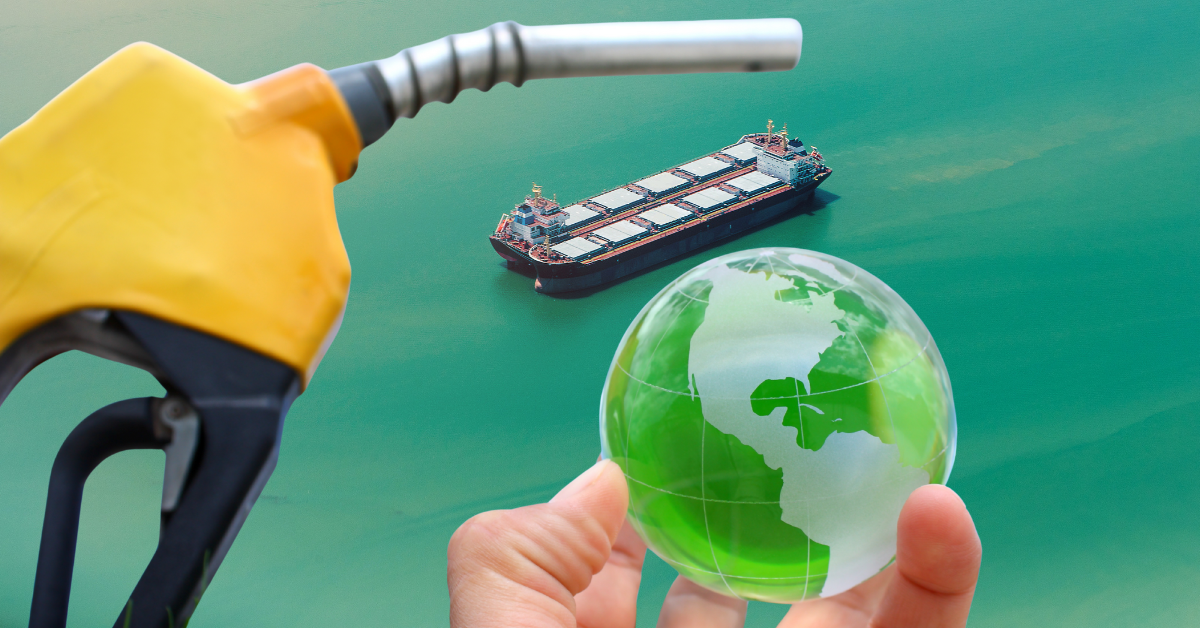 Carboroil_Etanol no Diesel Marítimo Inovação Global Bico de combustível, navio cargueiro e globo verde simbolizando sustentabilidade e uso de etanol no transporte marítimo.