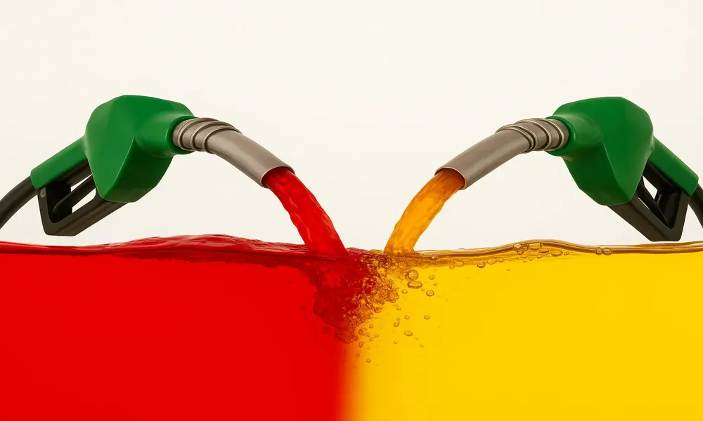 Dois bicos de abastecimento liberando combustíveis de cores diferentes, vermelho e amarelo, que se misturam em um tanque.