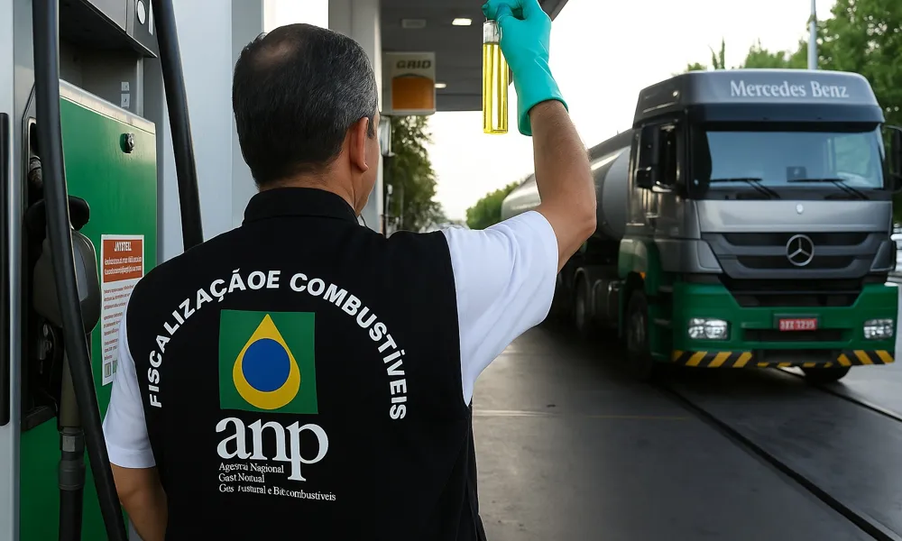 Carboroil_Fiscalização da ANP: garantia de qualidade e segurança no abastecimento Agente da ANP segura amostra de combustível durante fiscalização em posto, com caminhão-tanque ao fundo.