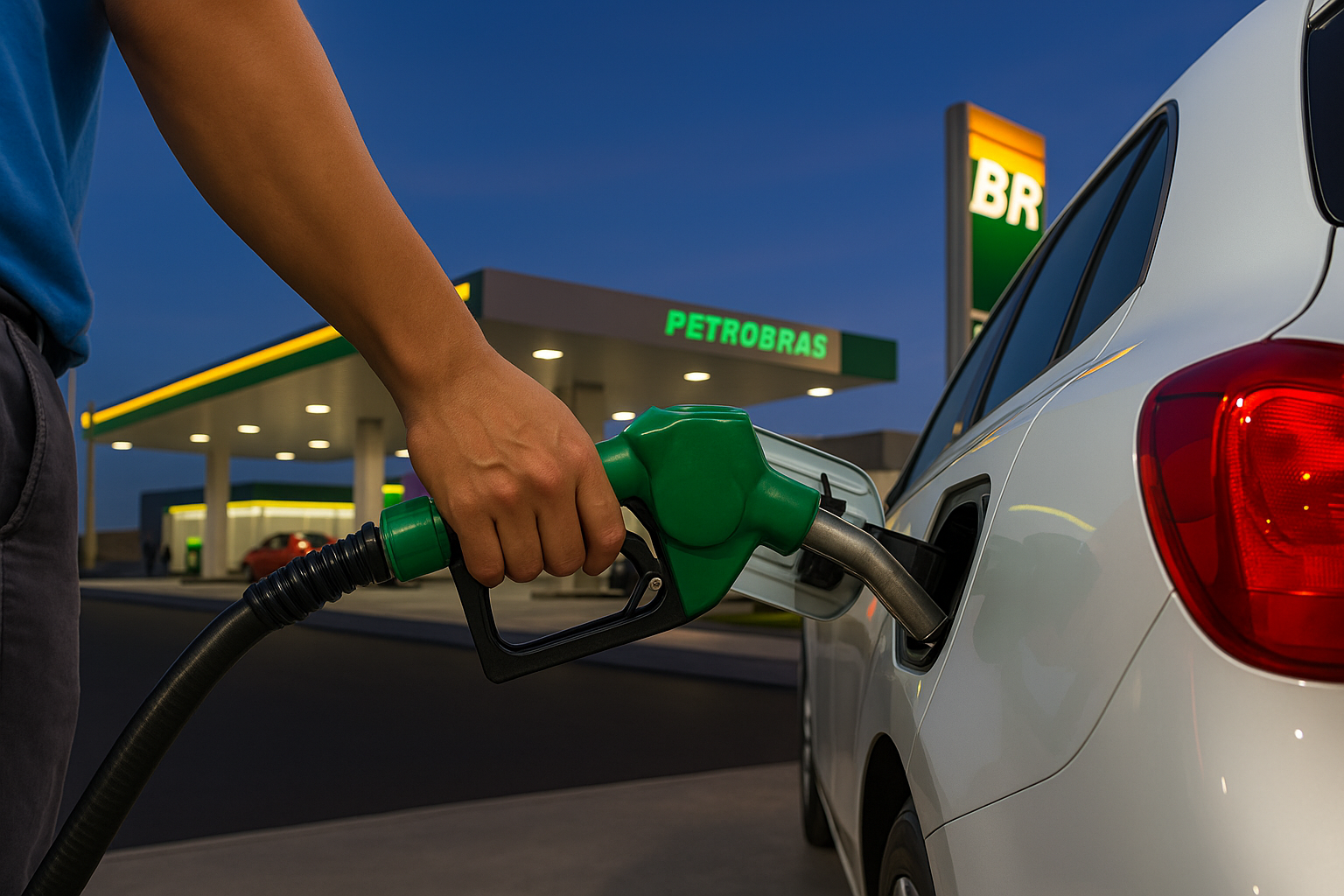 ChatGPT Image 18 de jul. de 2025, 11_22_08 Carro sendo abastecido com bomba verde em posto da Petrobras ao anoitecer