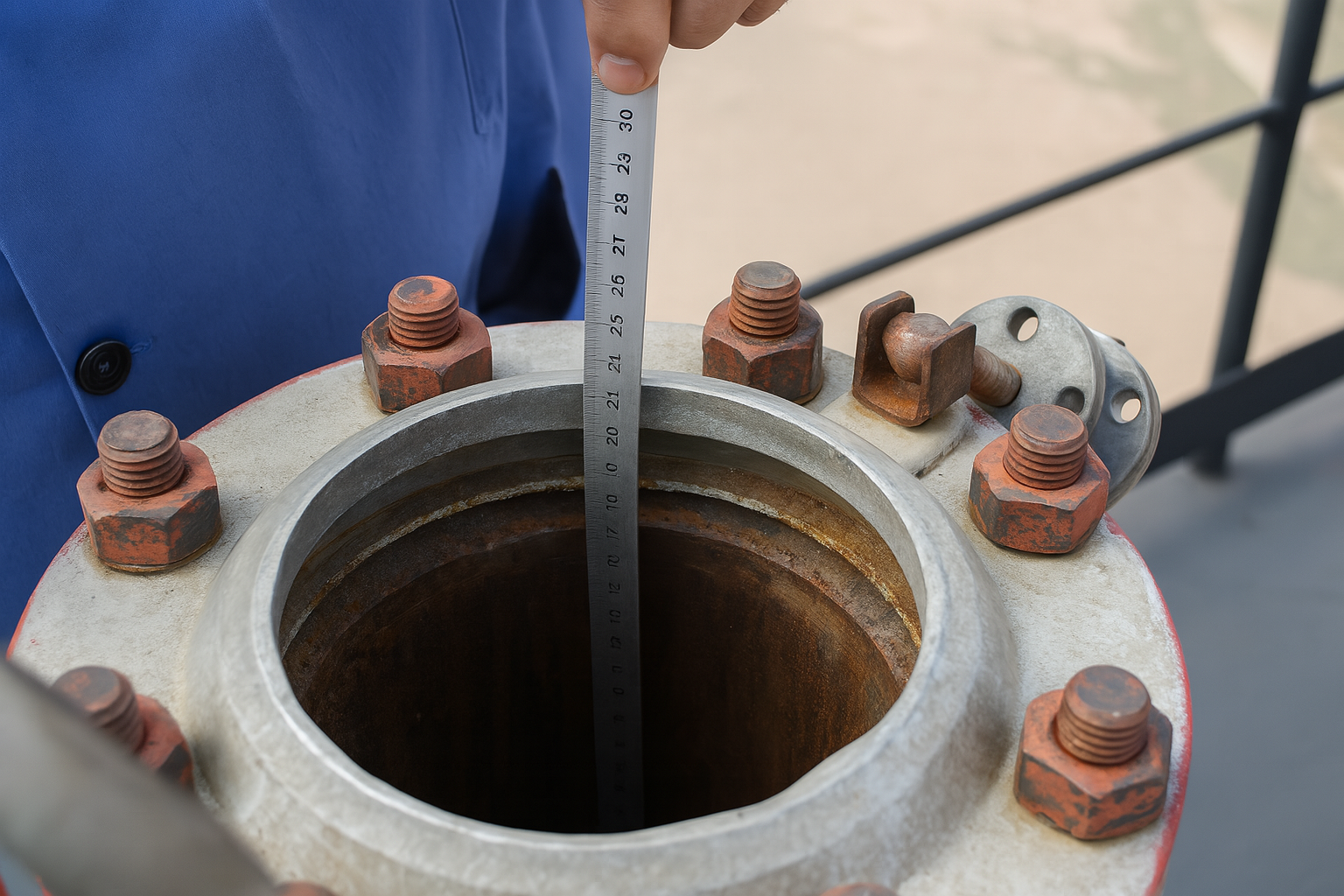 Carboroil_Medição de tanque de combustível Técnico realizando medição de tanque de combustível com régua metálica