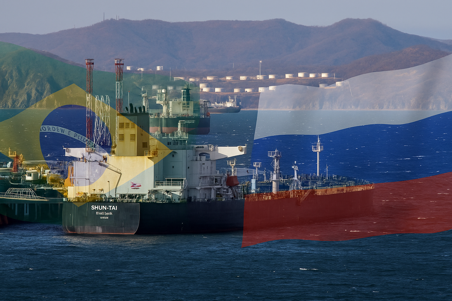 Carboroil_Importação de diesel do Leste Europeu Navio petroleiro no porto com bandeiras do Brasil e da Rússia ao fundo