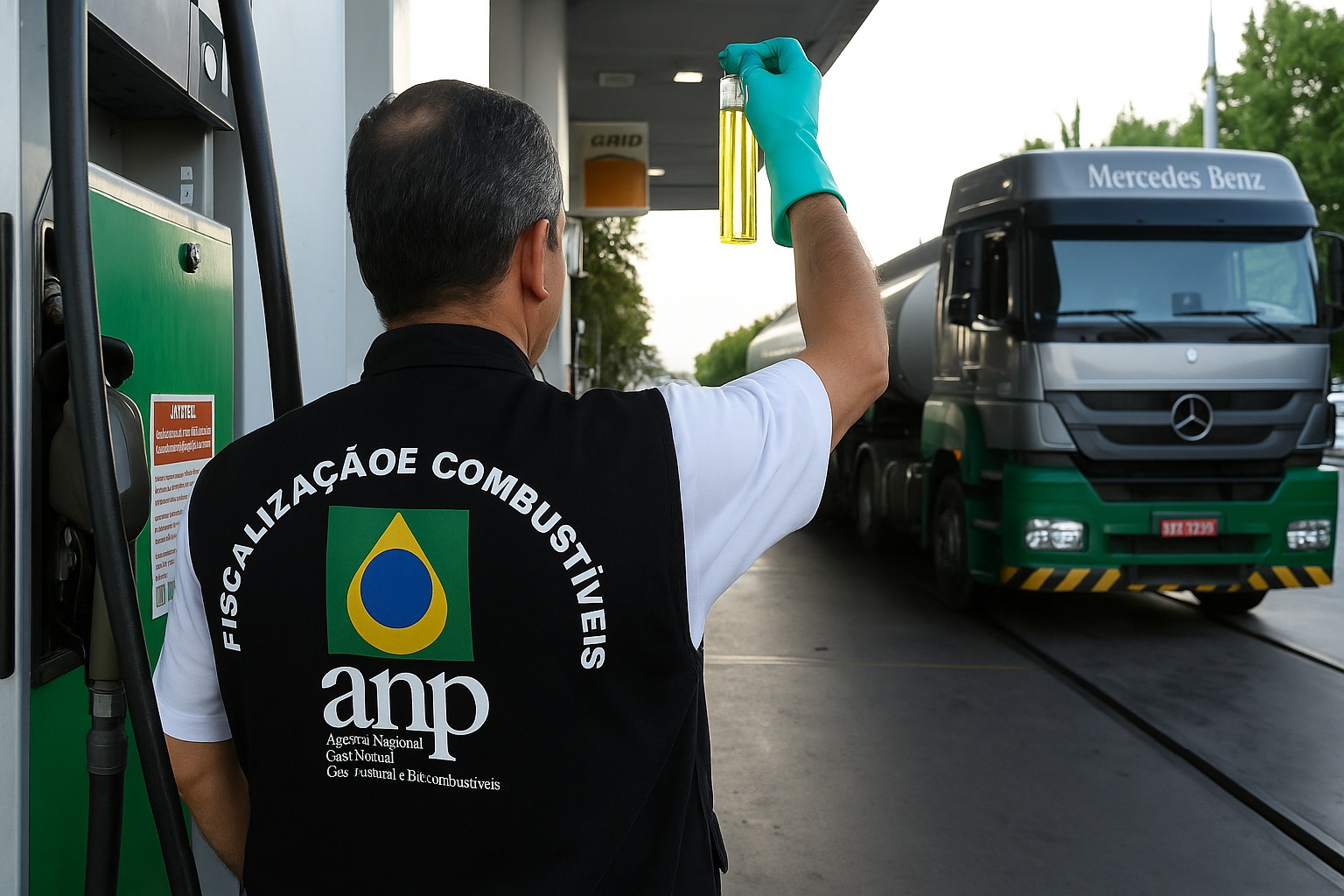 Carboroil_Fiscalização da ANP nos postos Agente da ANP inspeciona combustível em posto com caminhão-tanque ao fundo, representando fiscalização das novas misturas.