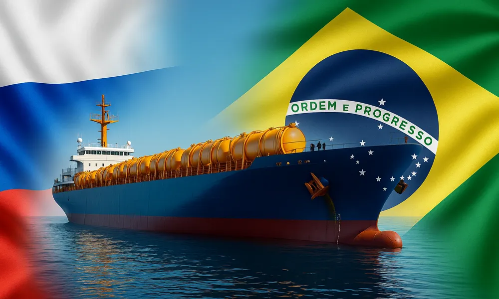Navio cargueiro transportando combustível, com bandeiras do Brasil e da Rússia sobrepostas.