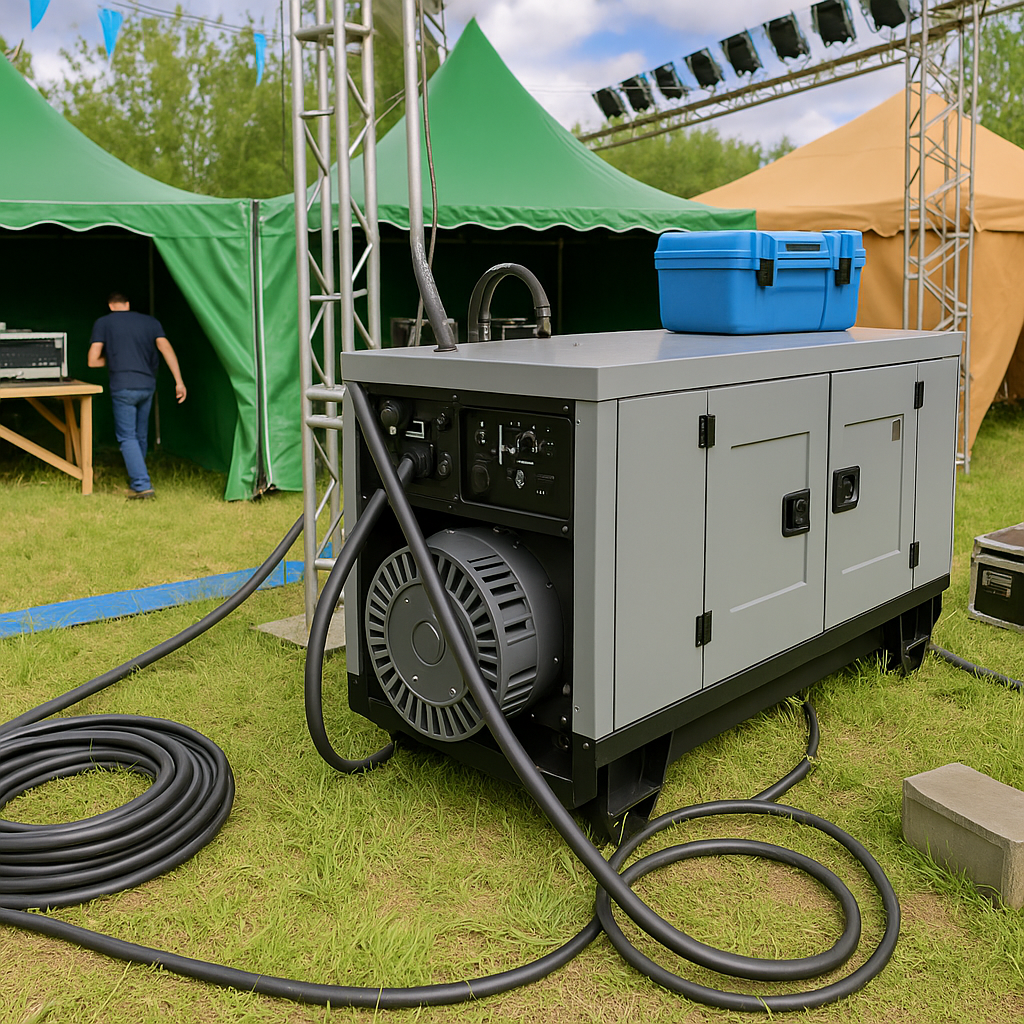 Gerador para eventos: por que contratar? Gerador a diesel em funcionamento em área externa de evento, conectado por cabos a equipamentos de apoio, reforçando a importância do fornecimento de energia confiável.