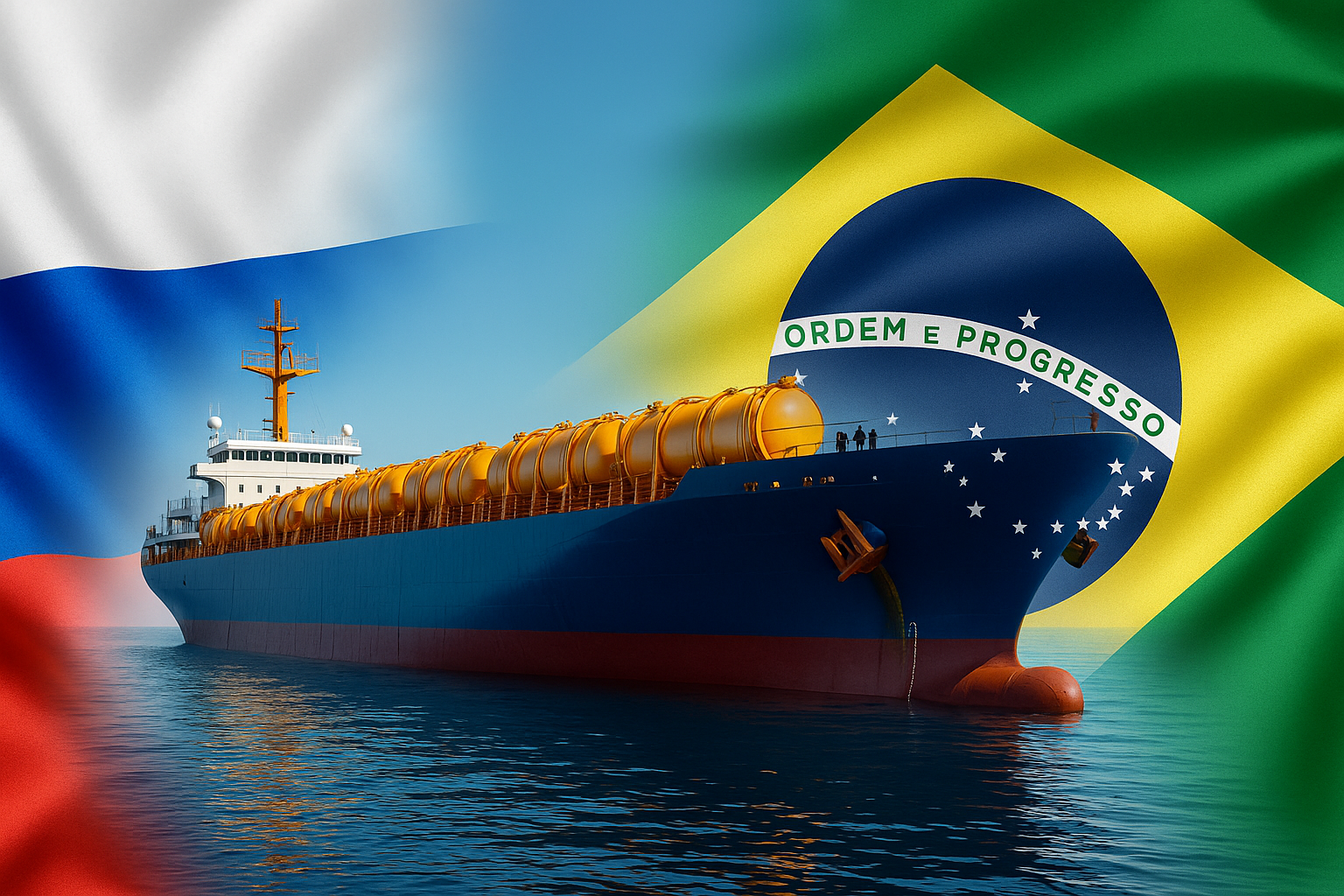 Carboroil_Dependência do diesel da Rússia ameaça abastecimento no Brasil Navio cargueiro transportando diesel da Rússia para o Brasil com bandeiras dos dois países ao fundo.