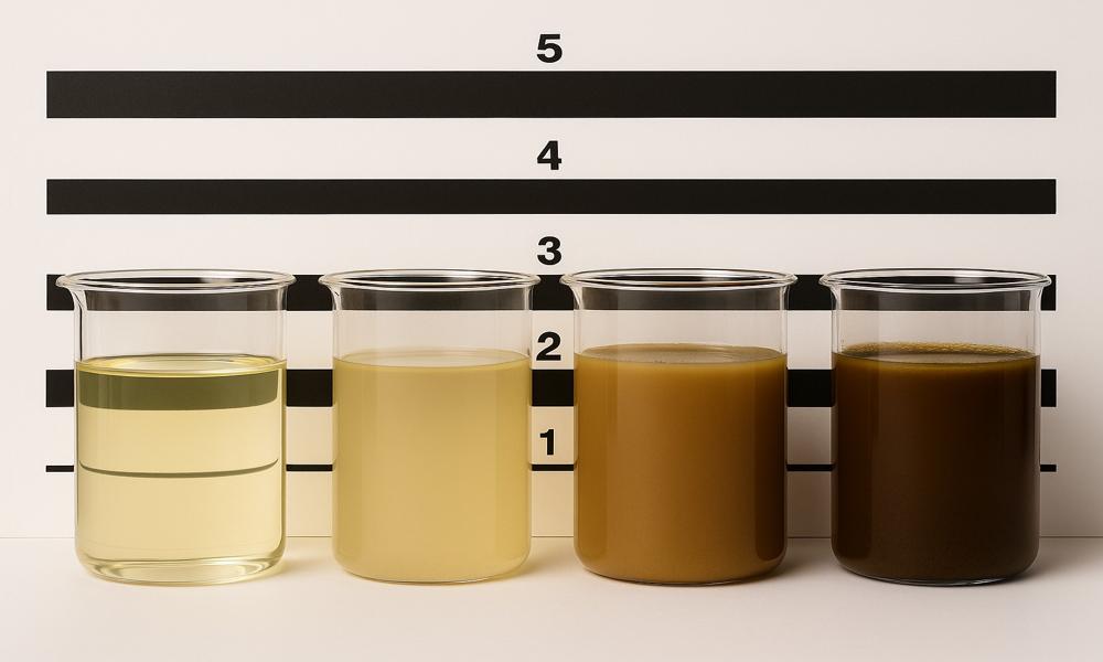 Diesel contaminado: principais riscos para motores e geradores Amostras de diesel em diferentes níveis de contaminação, destacando os riscos para motores e geradores.