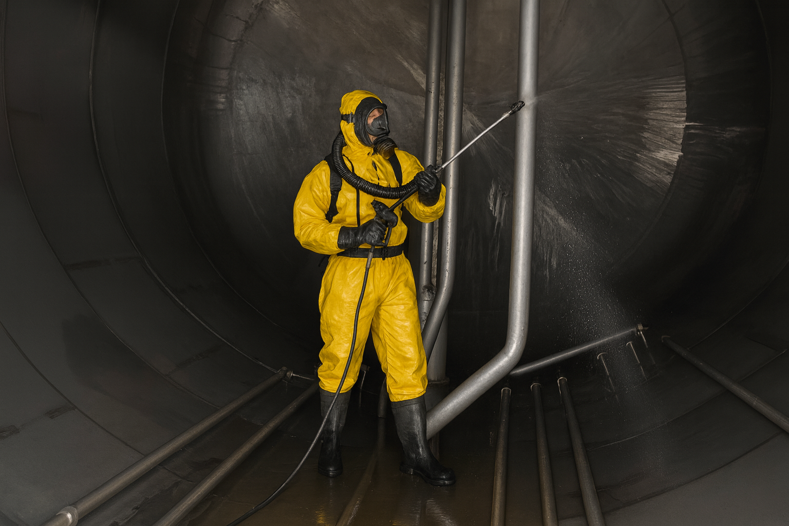 Limpeza de tanque de diesel: quando e por que fazer Profissional com traje de proteção amarela realiza limpeza interna de tanque de diesel com jato de alta pressão.