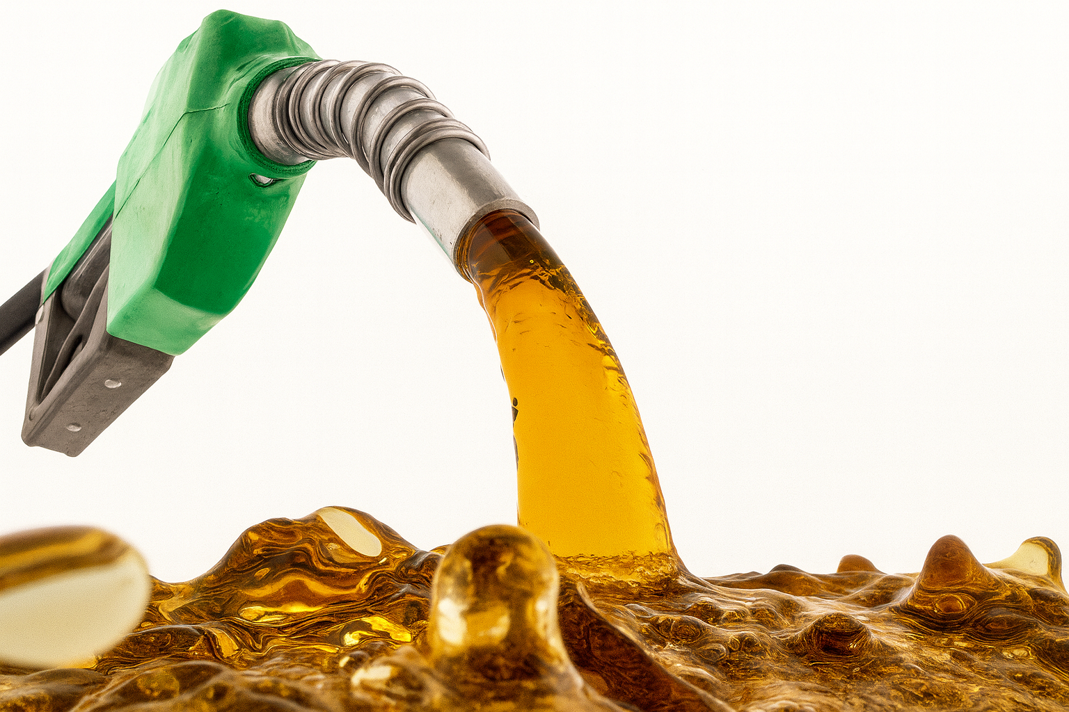 Bico de combustível verde liberando diesel amarelo em movimento, representando o abastecimento.