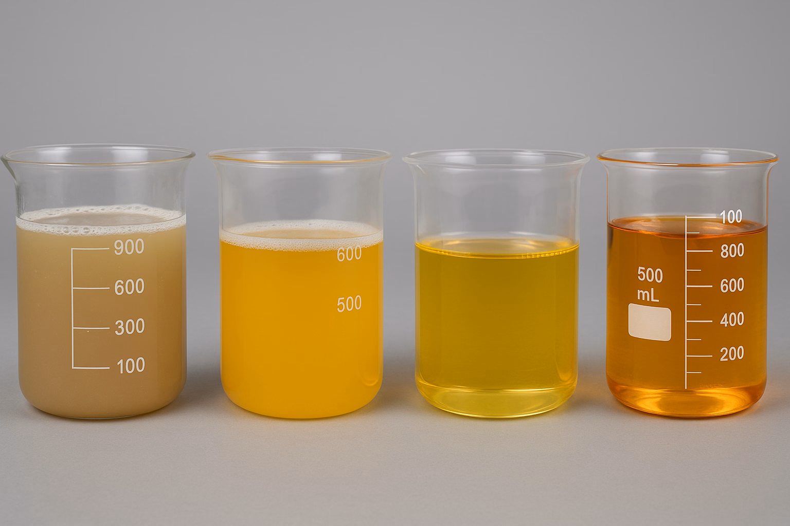 Como saber se o diesel é bom? Quatro béqueres transparentes contendo amostras de diesel em diferentes níveis de pureza sobre fundo neutro cinza.
