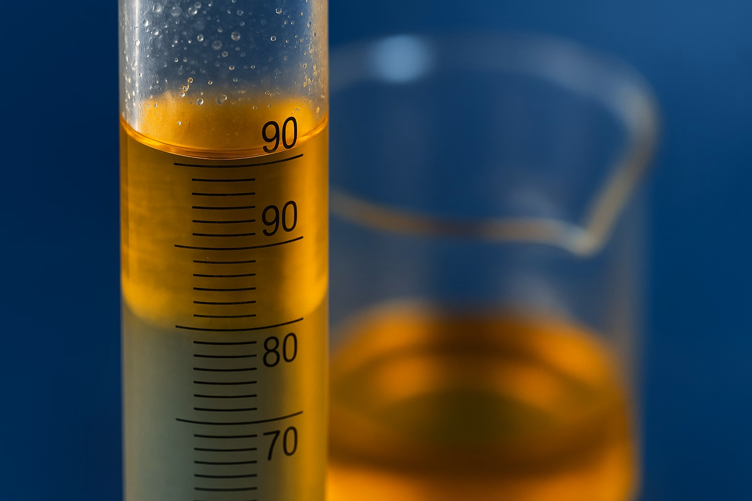 Amostra de diesel em cilindro transparente de laboratório, destacando variações de cor que ajudam a identificar combustível adulterado.