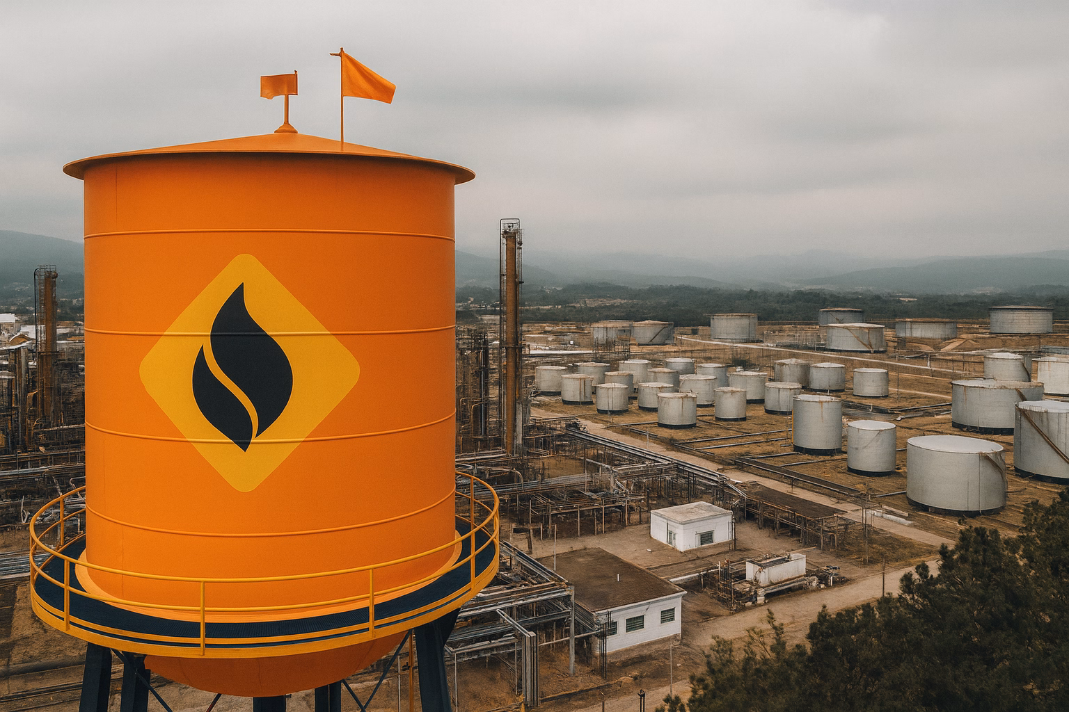 Tanque industrial laranja e vista aérea de refinaria, ilustrando operação de fiscalização da ANP.