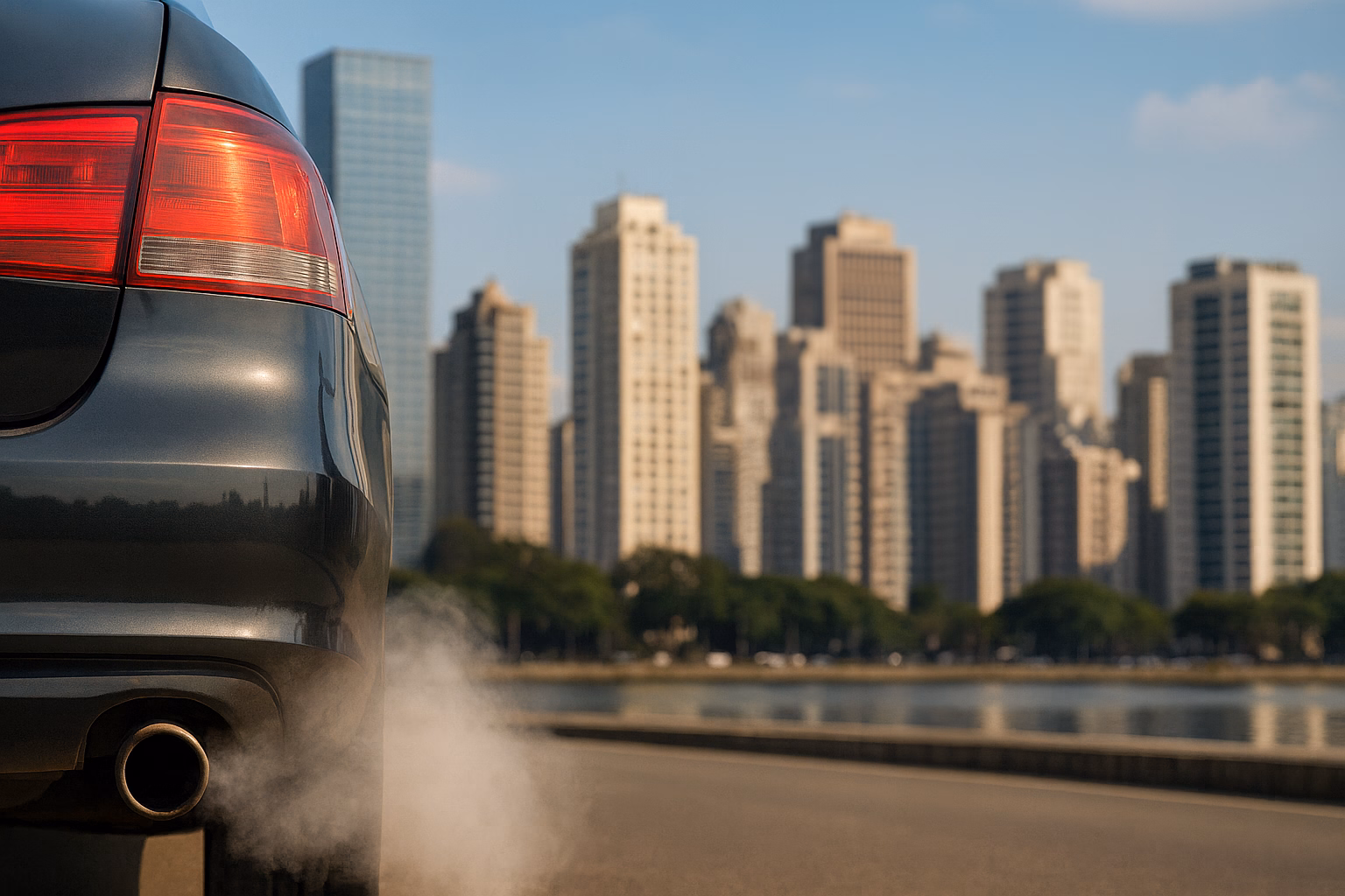 arro soltando fumaça em avenida de São Paulo, representando a proibição de veículos a diesel no Brasil.