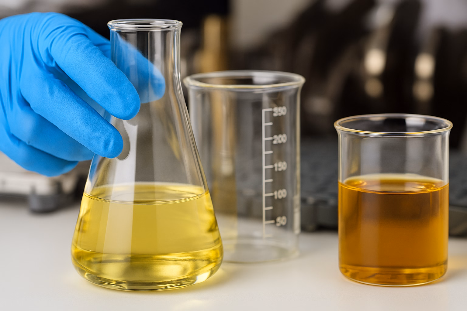 Qual o melhor diesel S10 ou S500? Amostras de diesel em laboratório, com tonalidades diferentes para representar S10 mais claro e S500 mais escuro.