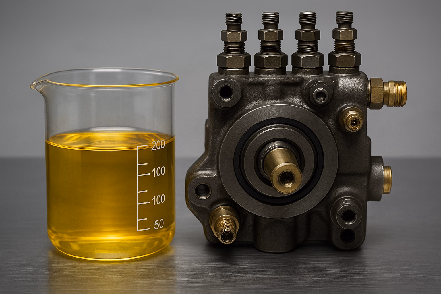 O diesel S10 estraga a bomba injetora? Peças de uma bomba injetora de motor em bancada metálica, ilustrando análise sobre os efeitos do diesel S10.