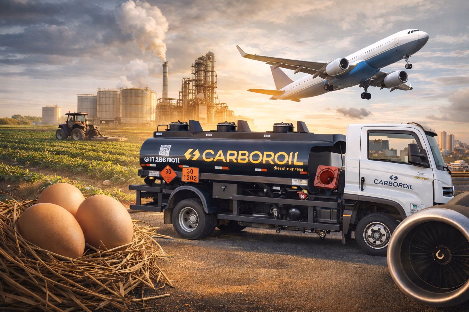 Impacto do petróleo na economia do ovo ao avião com caminhão-tanque da Carboroil, refinaria de combustível, agricultura e avião representando logística e energia.