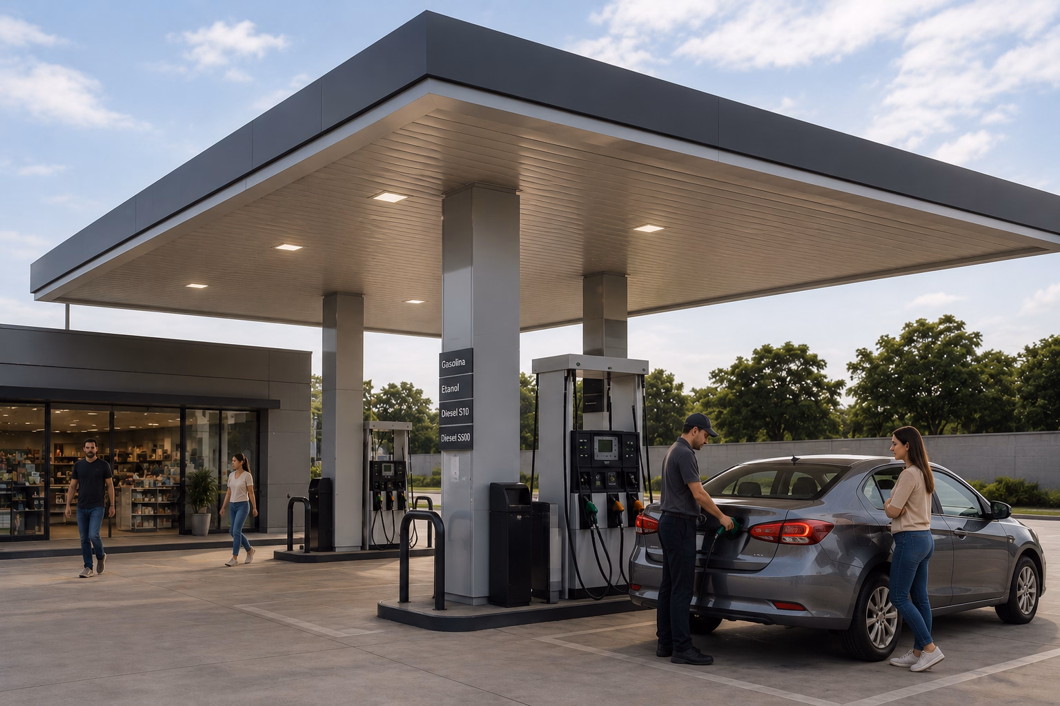 trr-carboroil-abastecimento-diesel-limpeza-tanque-petroleo-geradores-condominios-obras-maquinas (2) Posto de combustíveis moderno com cores neutras, carros abastecendo e pessoas no local, representando abastecimento seguro e operação no setor de combustíveis.