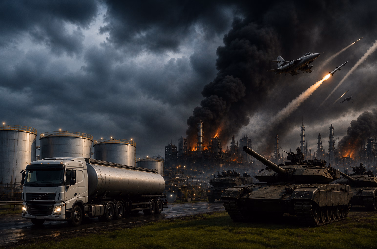 Caminhão-tanque de diesel em frente a uma área industrial, enquanto ao fundo aparecem instalações de energia e um cenário de conflito com fumaça intensa no horizonte, representando os desafios globais ao abastecimento de combustíveis.