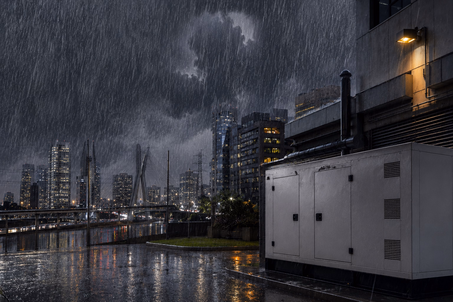 Gerador de energia industrial operando durante uma forte chuva em São Paulo, garantindo o funcionamento de empresas mesmo em situações de interrupção no fornecimento de energia elétrica.